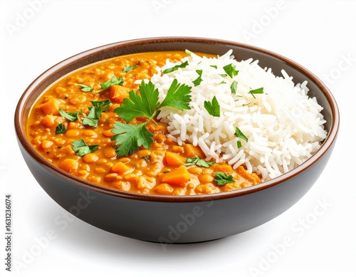 Bowl of Vegetarian Indian Lentil Dahl with Rice and Fresh Parsley Sprigs