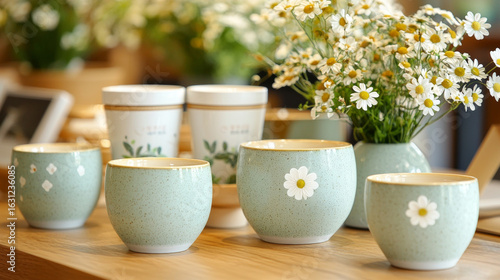Collection of pastel green ceramic cups with floral patterns displayed on wooden table, surrounded by fresh chamomile flowers, creating cozy and inviting atmosphere