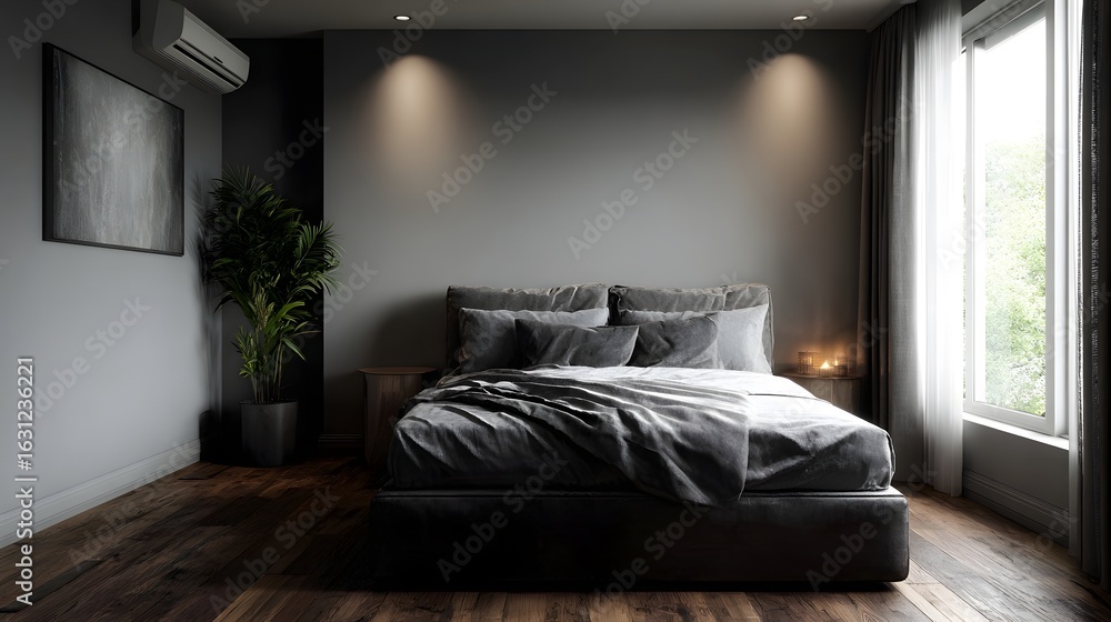 Fototapeta premium Cozy and minimalist gray toned bedroom with modern lighting