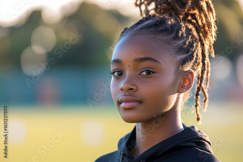Side profile portrait of a happy confident young Black African teenage boy on a sprinting training ground. The determined male teenager is preparing for a sprint competition, Generative AI