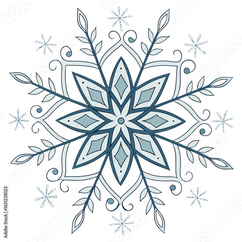 Elegant ice crystal mandala with floral frost patterns. Decorative winter snowflake design.