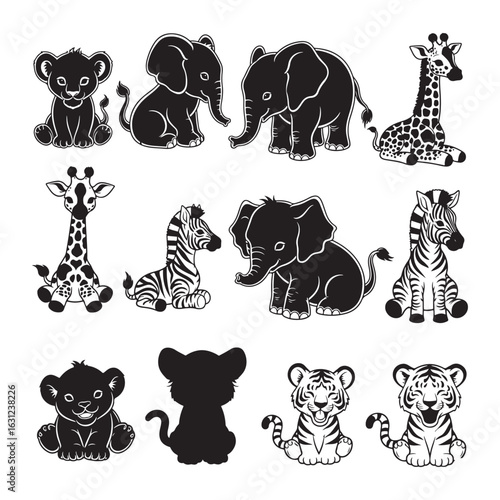 Adorable Black Silhouette Cartoon Safari Animals Collection lion cub elephant