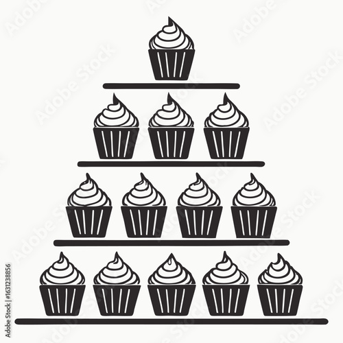 Black and White Illustration of a Three Tiered Cupcake Display