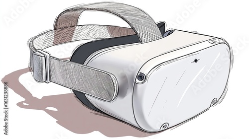 Stylized white VR headset illustration with sketch-like rendering and adjustable strap