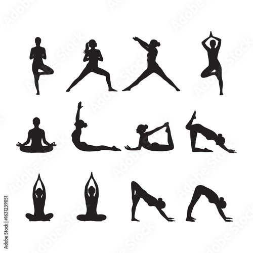Collection of Black Silhouette Figures Performing Yoga Poses fitness exercise