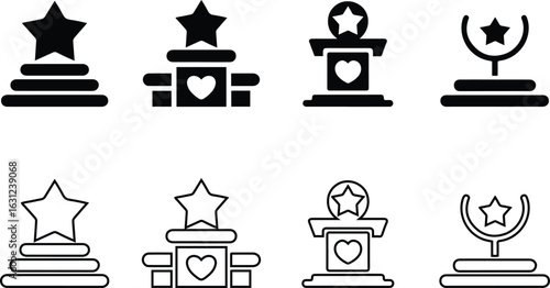 Award Trophy Icon Set – Black and Outline Vector Style for Achievement.