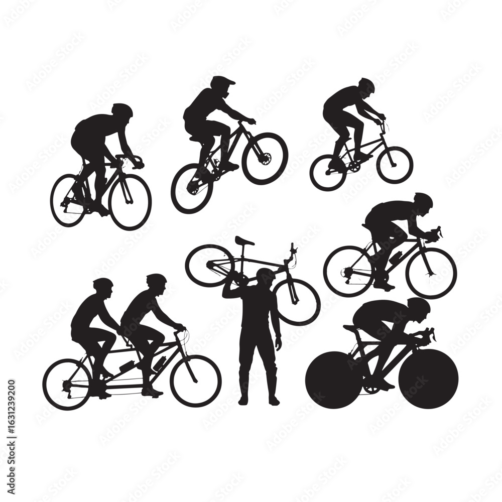 Fototapeta premium Cyclist Silhouettes in Different Poses and Styles on White Background cycling bicycle