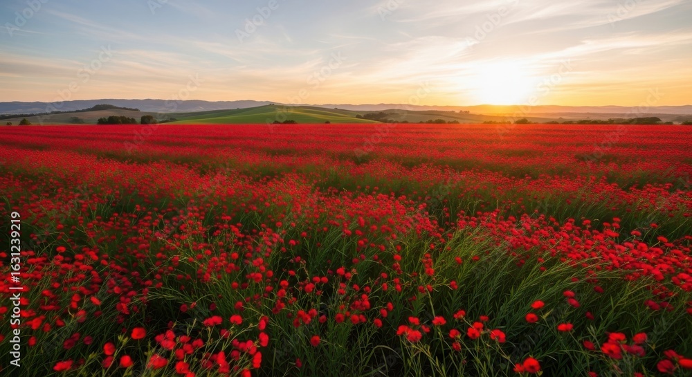 Vibrant Poppy Field at Sunset: A Symphony of Red and Golden Light Vibrant Poppy Field at Sunset: A Symphony of Red and Golden Light