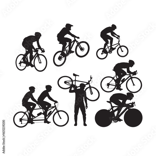 Cyclist Silhouettes in Different Poses and Styles on White Background cycling bicycle