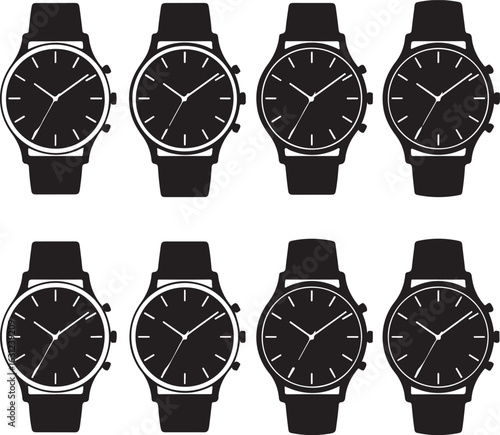 Black wristwatches with white markings time analog
