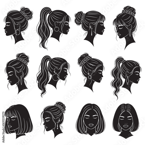 Diverse female hairstyles silhouettes profile views on white background woman girl