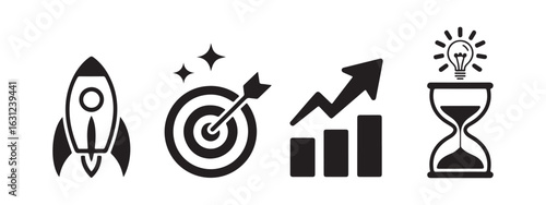 A set of business icons representing startup launch, strategic goal achievement, financial growth, and innovative ideas over time.