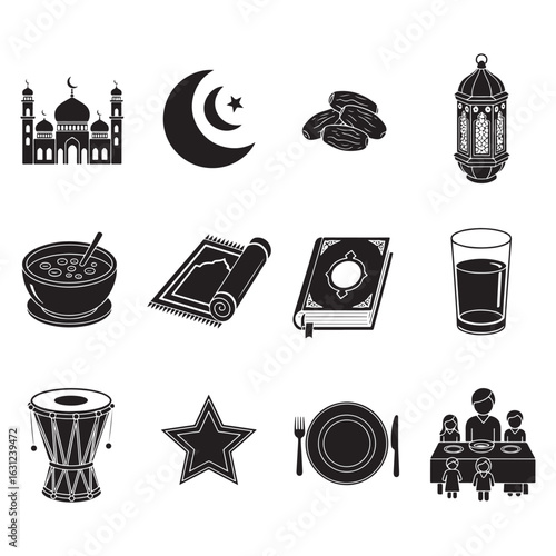 Islamic Ramadan Icons Set Mosque Moon Dates Lantern Prayer Mat Quran Drum Star Family Meal