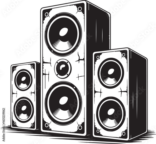 Vintage Concert Speakers Halftone Grunge Vector – Bold Stack with Rough Ink and Dot Texture