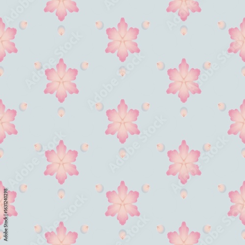 Seamless sakura pattern features delicate pink cherry blossoms on a soft blue background. Design for spring-themed designs, textile prints, packaging, wallpapers, fabric, and elegant floral projects.