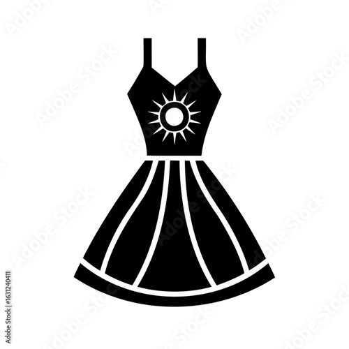 Chic sleeveless sundress with radiant sun emblem on bodice and pleated skirt design