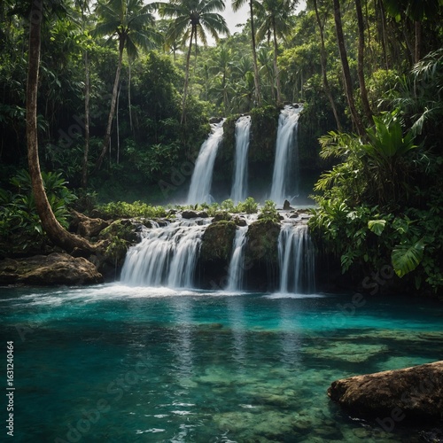 A crystal-clear river flowing through a dense jungle