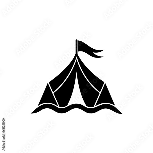Illustrative Icon of a Tent on Water with a Waving Flag