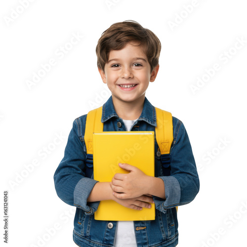 Young boy wearing a denim jacket and yellow backpack holding a bright yellow book isolated on transparent background