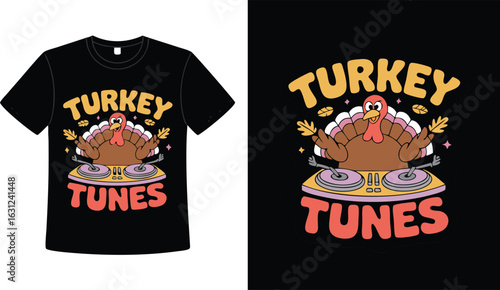 Black Tshirt Featuring Cartoon Turkey DJ Mixing Tunes for Thanksgiving Celebration Style Fashion