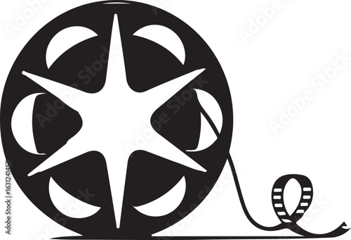A black and white film reel with film trailing