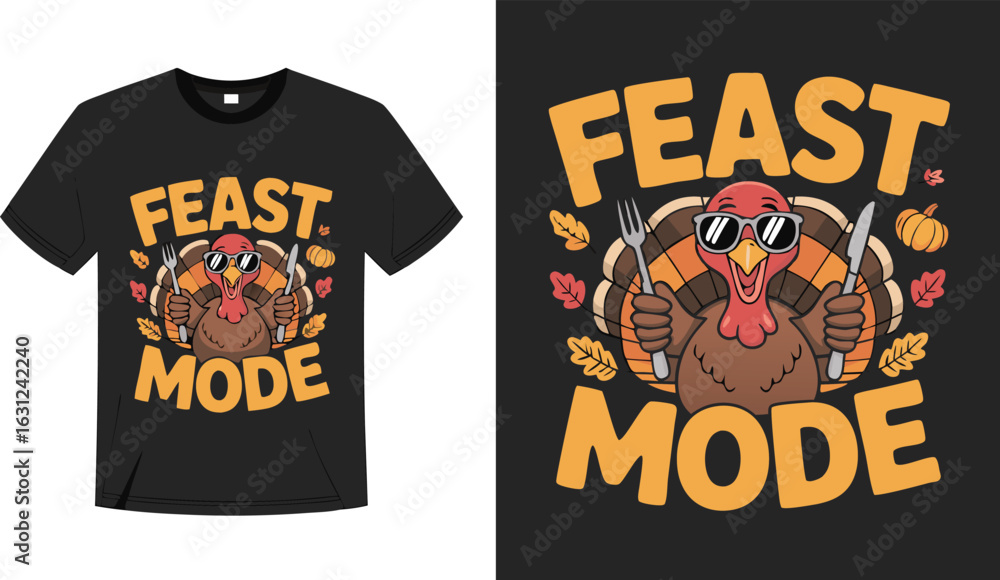 Fototapeta premium Black TShirt Featuring Feast Mode Thanksgiving Turkey with Knife and Fork Design Apparel