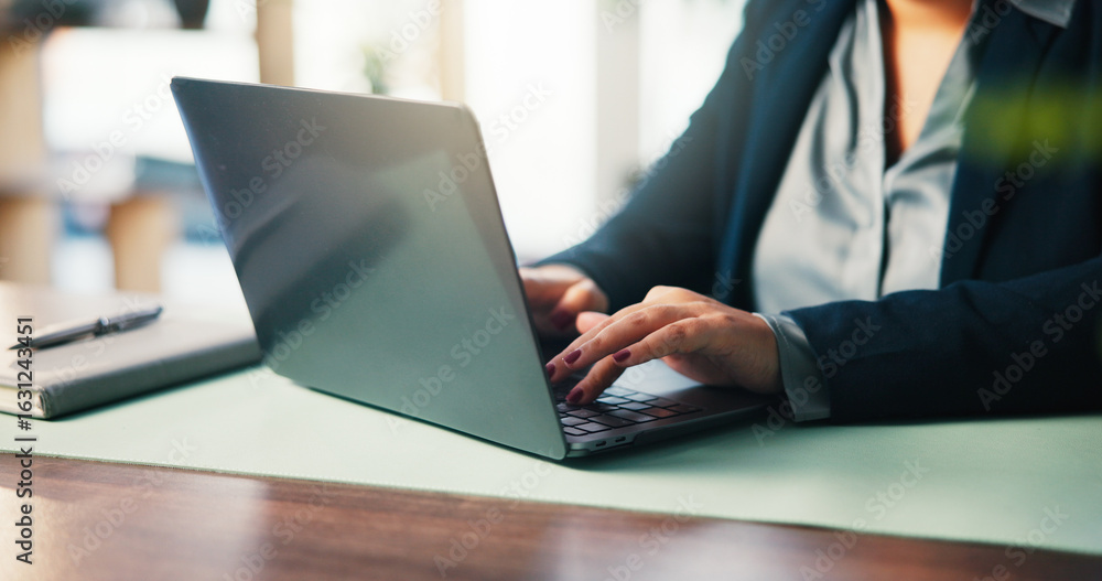 Business woman, hands on laptop and typing with email response or bank loan application for finance in office. Computer, writing and feedback for credit, account and financial consultant at desk Business woman, hands on laptop and typing with email response or bank loan application for finance in office. Computer, writing and feedback for credit, account and financial consultant at desk
