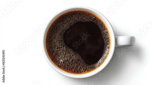 Top-down view of black coffee in a white ceramic mug, casting a soft shadow