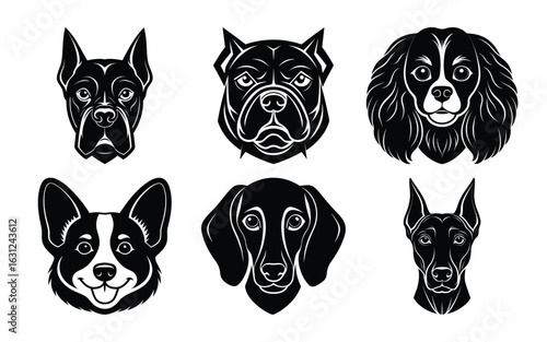 Six Monochrome Dog Breed Portraits: Boxer, Bulldog, Cavalier, Corgi, Dachshund, Doberman.