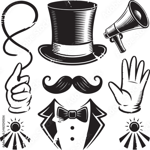 Vintage Ringmaster Vector Pack – Halftone Circus Graphics with Top Hat, Whip, and Grunge Texture