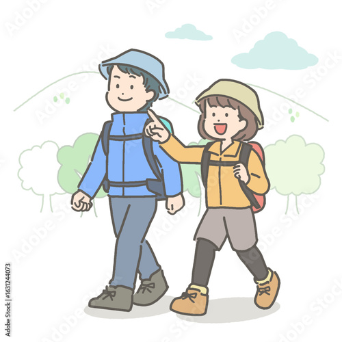 ハイキングをする若い男女カップルのイラスト

