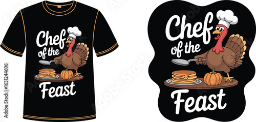 Cartoon Turkey Chef TShirt Design with Pancakes, Pumpkin, and Autumnal Thanksgiving Feast