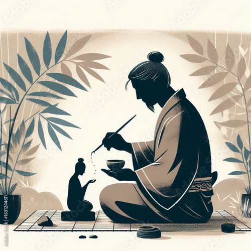 Silhouette of a person in traditional attire painting a small figure with a serene mood in a nature setting