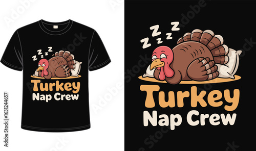 Cartoon Turkey Napping on Pillow with Sleep Z's on a Black TShirt Design