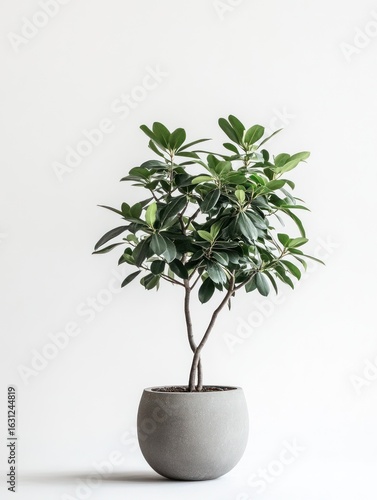Small tree houseplant in gray pot against white