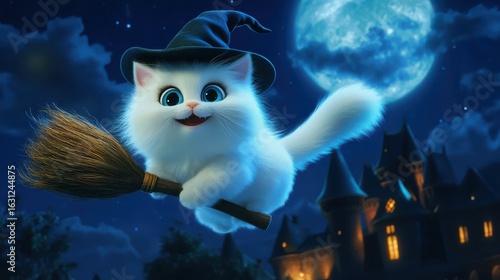 Cute white cat wearing witch hat flying on broom at night