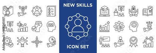 new skills icon collection set. Containing learning,training,development,education,knowledge,improvement,abilities,competence,growth,practice icon. Simple line vector.