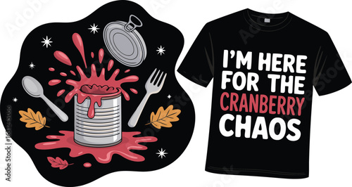 Cranberry Sauce Overflow Cartoon, Silverware, Autumn Leaves, Stars, and Black TShirt Reading Cranberry Chaos