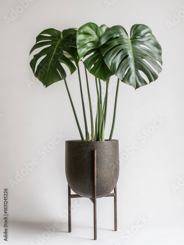 Dark-hued planter with lush monstera deliciosa