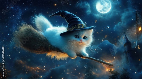 Fluffy white kitten wearing witch hat flying on broomstick under moonlight sky