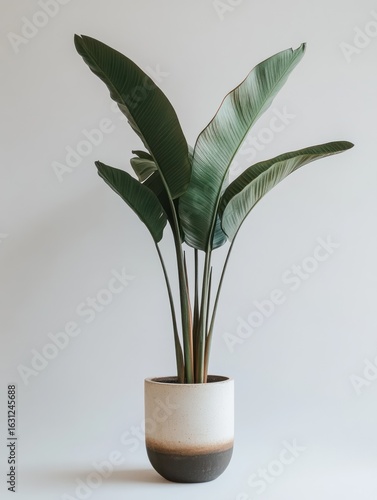 Large, vibrant bird of paradise plant in a muted ceramic pot