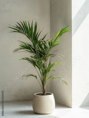 Potted palm plant in a light beige pot