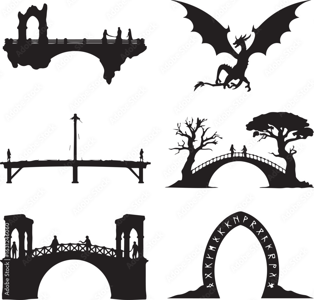 Fototapeta premium Dragon bridge archway figures trees flying