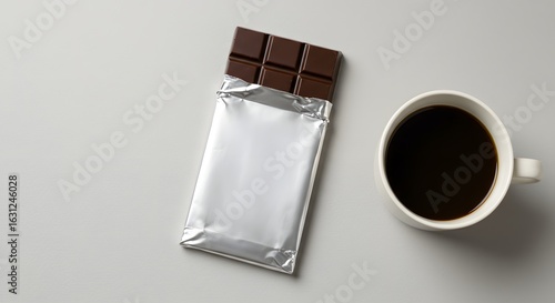 Overhead shot of a dark chocolate bar partially unwrapped in silver foil next to a cup of black coffee on a neutral gray background, perfect for breakfast, snack, or break time concepts.