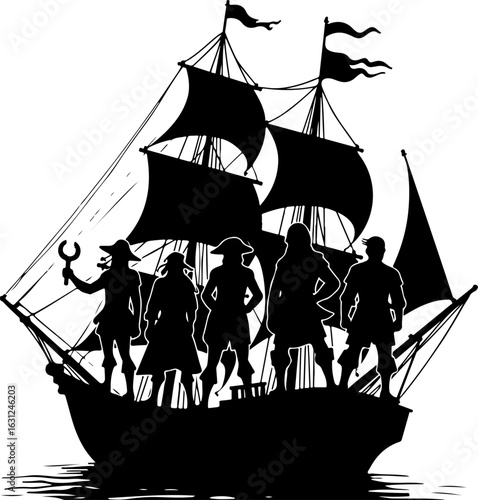 pirate ship silhouette vector illustration, ship, boat, sail, sailboat, pirate, sea, vector, nautical, sailing, old, galleon, travel, vessel, silhouette, illustration, model, ocean, yacht, cruise, mas