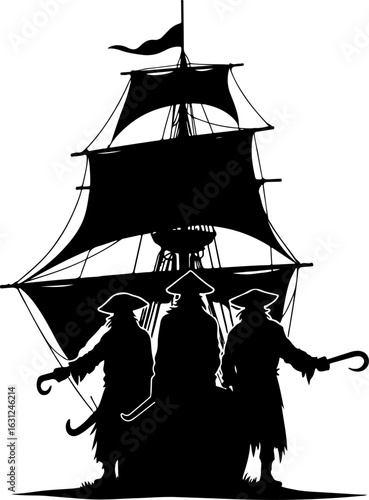 pirate ship silhouette vector illustration, ship, boat, sail, sailboat, pirate, sea, vector, nautical, sailing, old, galleon, travel, vessel, silhouette, illustration, model, ocean, yacht, cruise, mas