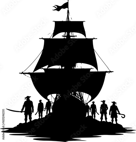 pirate ship silhouette vector illustration, ship, boat, sail, sailboat, pirate, sea, vector, nautical, sailing, old, galleon, travel, vessel, silhouette, illustration, model, ocean, yacht, cruise, mas