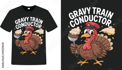 Gravy Train Conductor Thanksgiving Cartoon Turkey TShirt Mockup with Gravy Ladle and Train Hat
