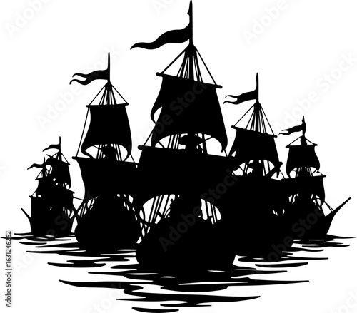 pirate ship silhouette vector illustration, ship, boat, sail, sailboat, pirate, sea, vector, nautical, sailing, old, galleon, travel, vessel, silhouette, illustration, model, ocean, yacht, cruise, mas