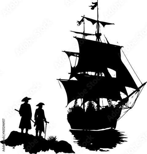 pirate ship silhouette vector illustration, ship, boat, sail, sailboat, pirate, sea, vector, nautical, sailing, old, galleon, travel, vessel, silhouette, illustration, model, ocean, yacht, cruise, mas